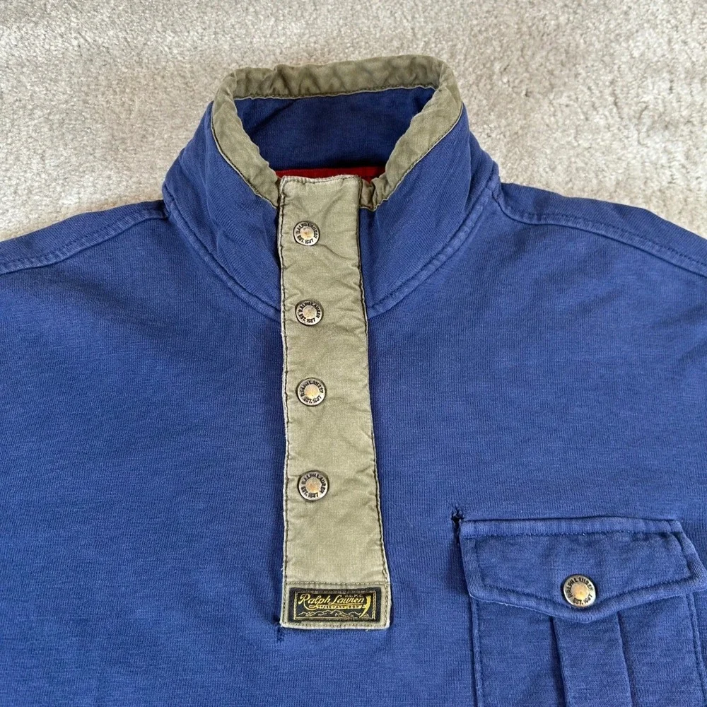VTG Polo Ralph Lauren Pullover Mens Medium Blue Quarter Zip Military Elbow Patch